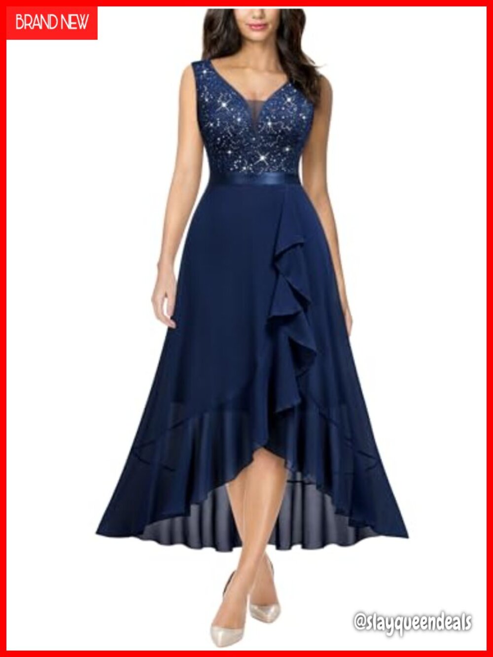 Miusol Sequined Lace Sleeveless Deep V-Neck Evening Party Formal Dress